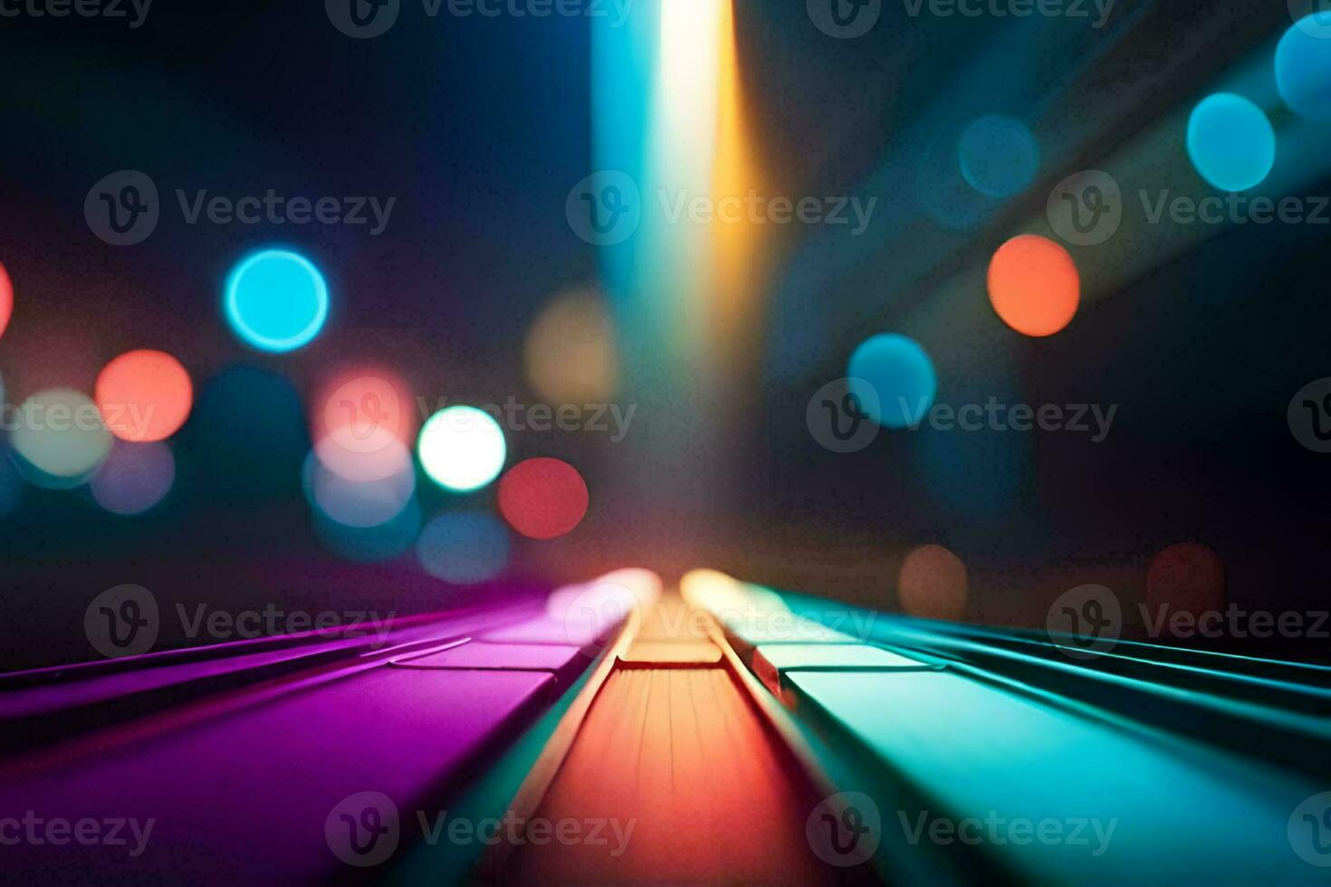 colorful lights and a long wooden plank in the dark. AI-Generated photo
