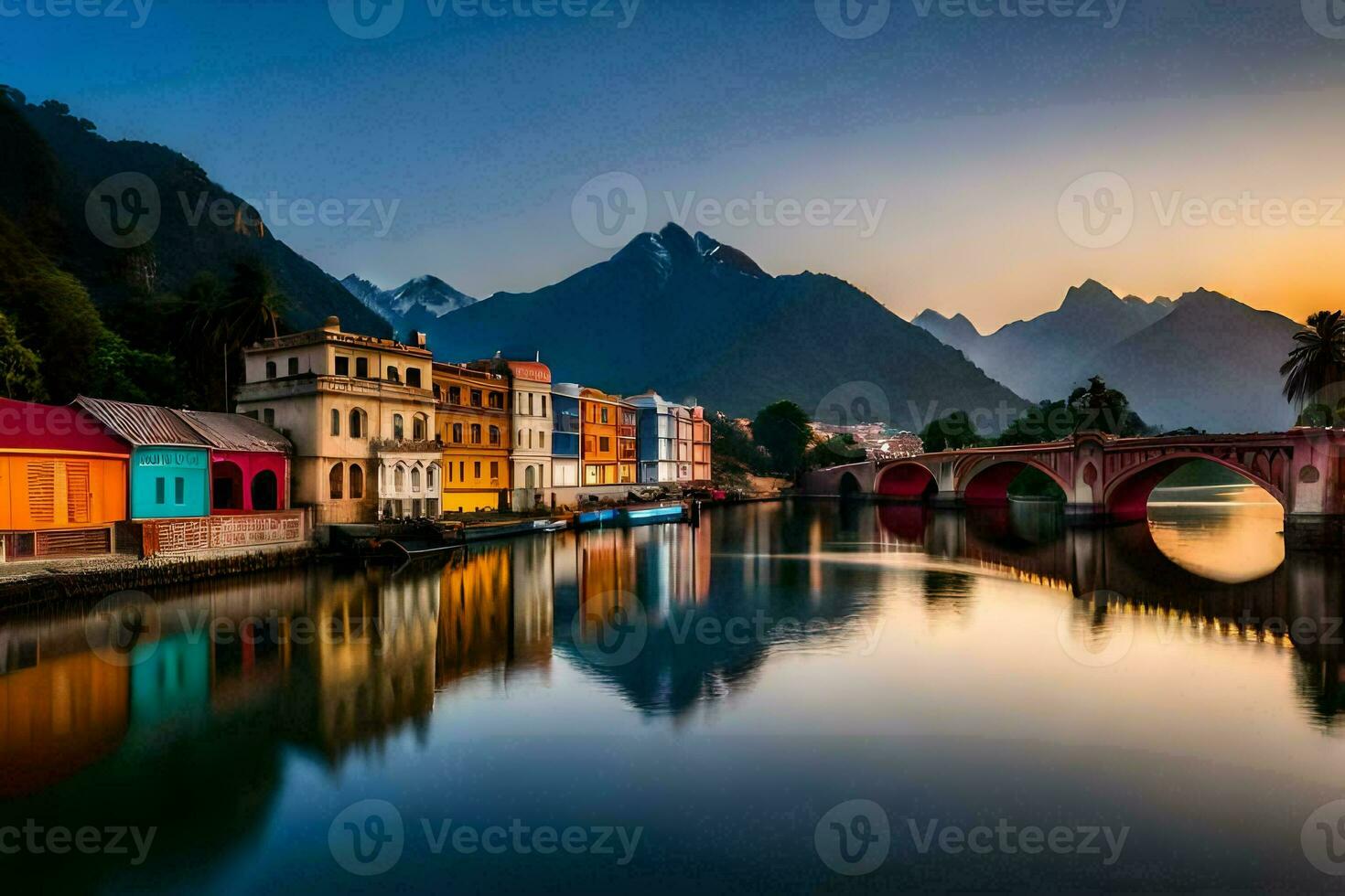 a river and buildings in the middle of a town. AI-Generated photo