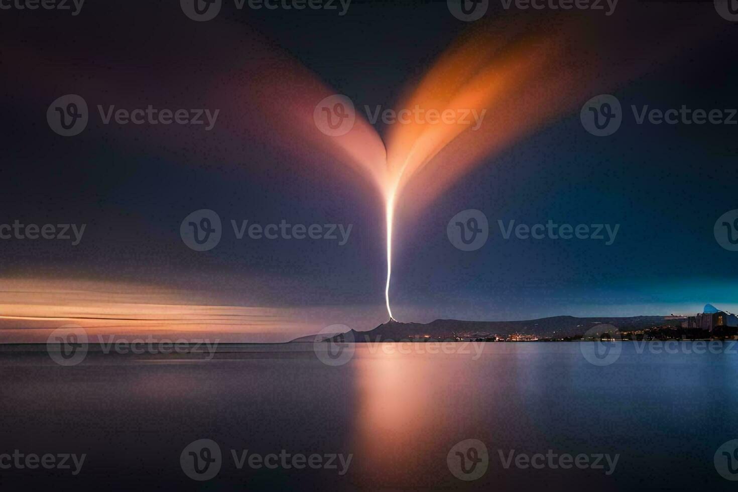 a long exposure photograph of a rocket flying over the ocean. AI-Generated photo