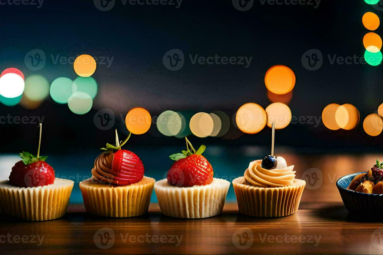 four cupcakes with strawberries and cream on a table. AI-Generated photo