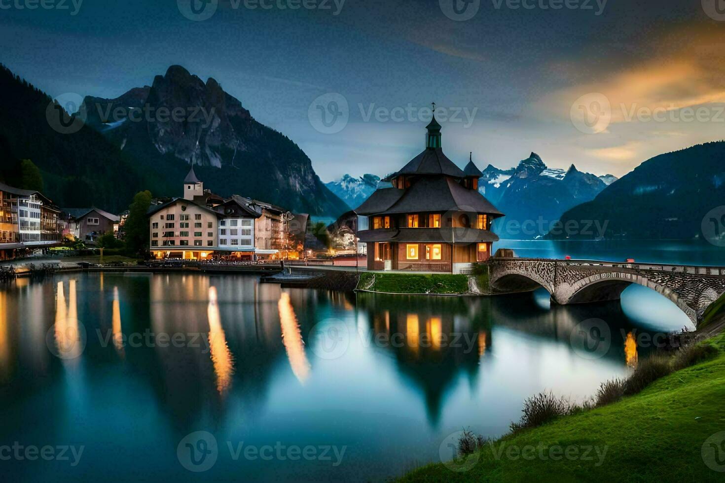 foto fondo de pantalla el cielo, montañas, lago, casa, puente, Suiza, lago, casa. generado por ai