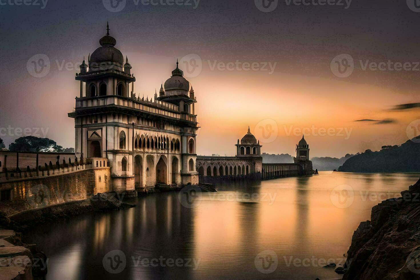the sun sets over a large building in india. AI-Generated photo