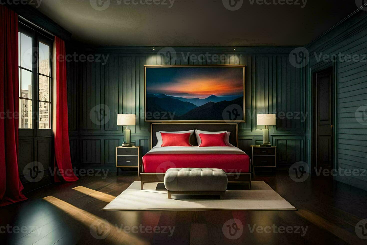 un dormitorio con un grande pintura en el pared. generado por ai foto