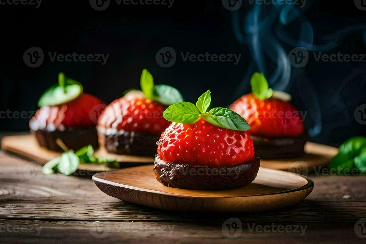 chocolate covered strawberries on a wooden plate. AI-Generated photo