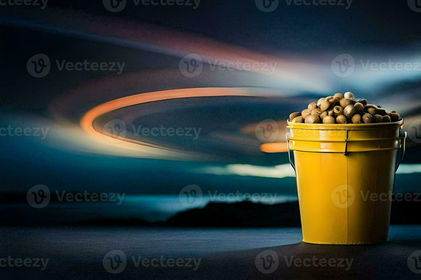 a bucket of beans on a table with a blurry background. AI-Generated photo