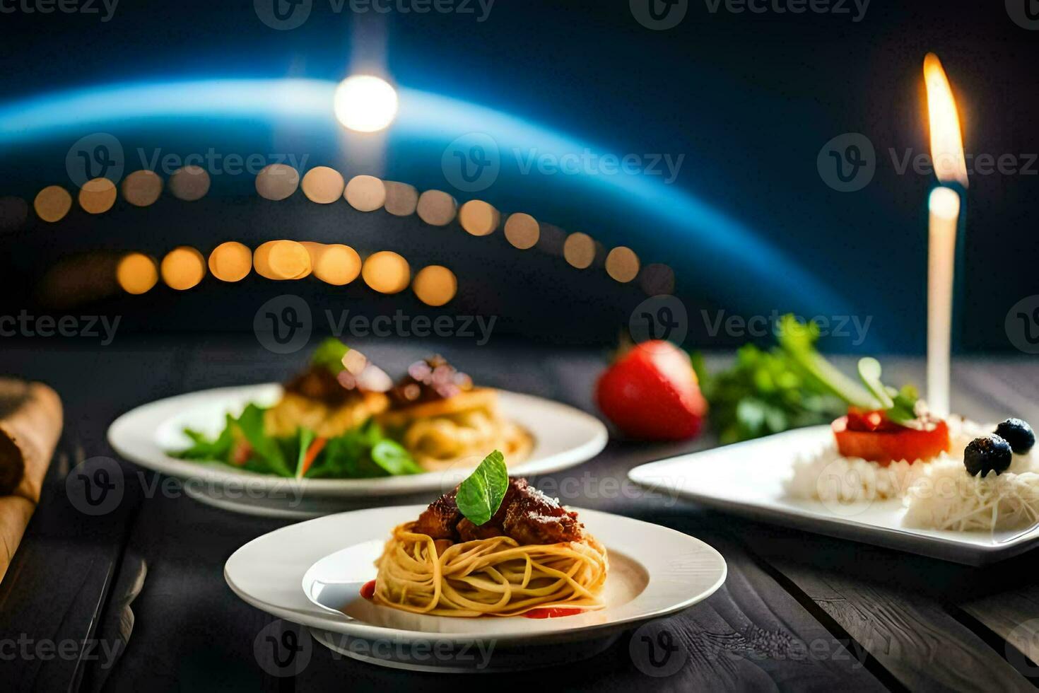 spaghetti and meatballs on a plate with a candle. AI-Generated photo