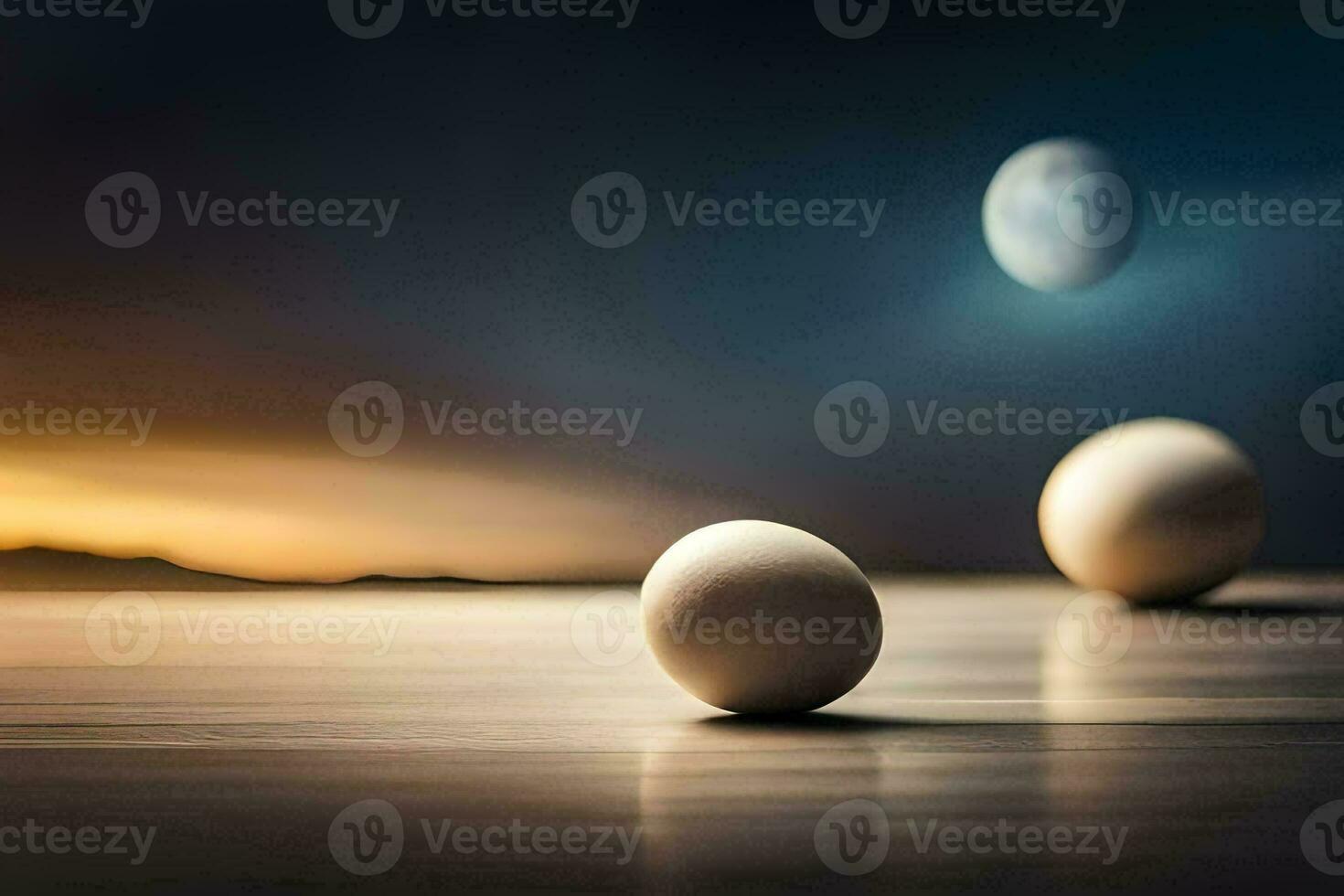Tres huevos son sentado en un mesa con el Luna en el antecedentes. generado por ai foto