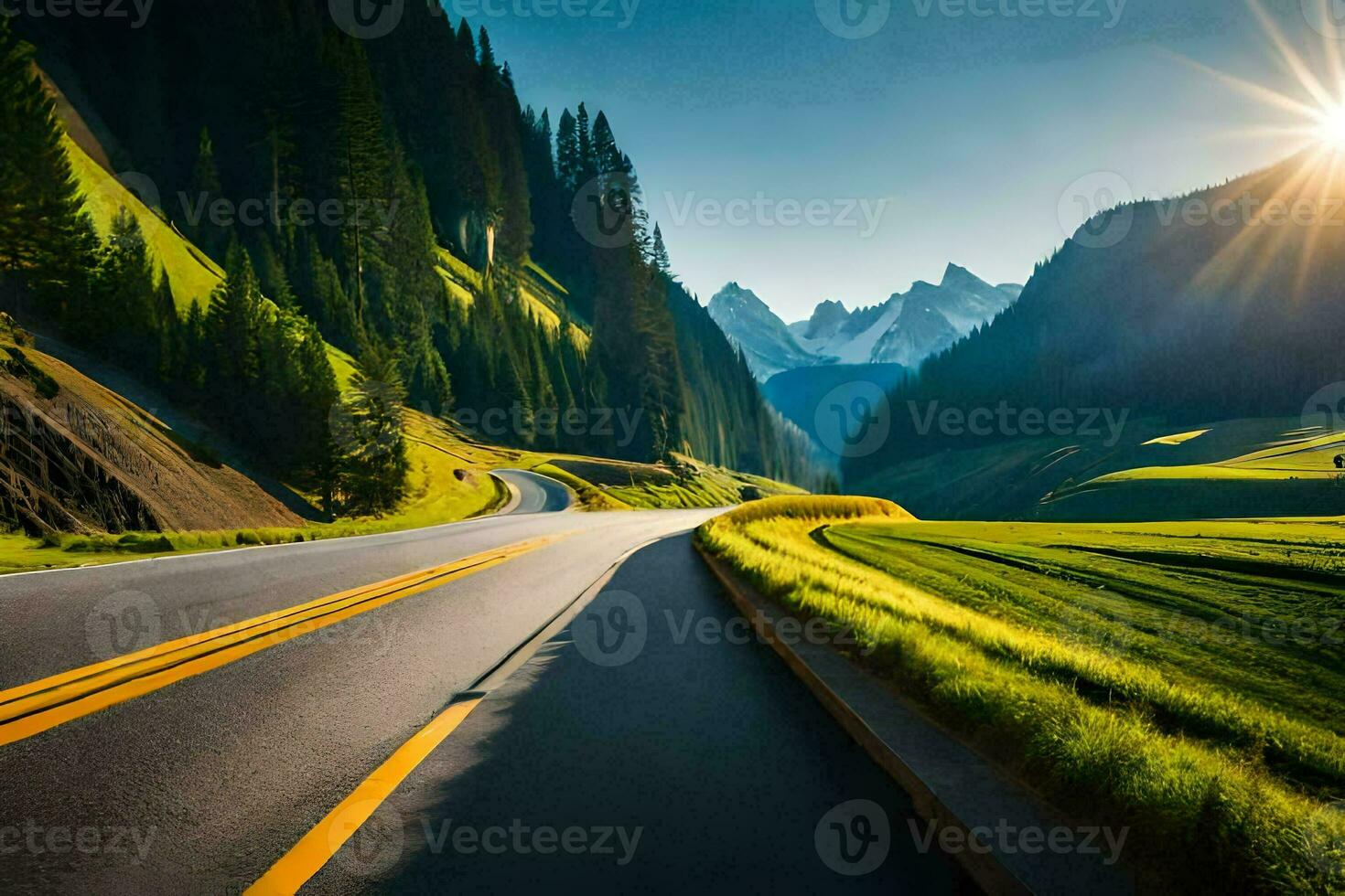 the sun shines on a road in the mountains. AI-Generated photo