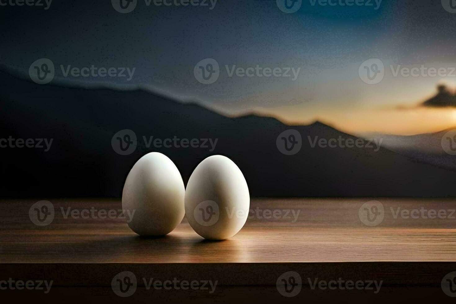 dos huevos en un mesa con montañas en el antecedentes. generado por ai foto