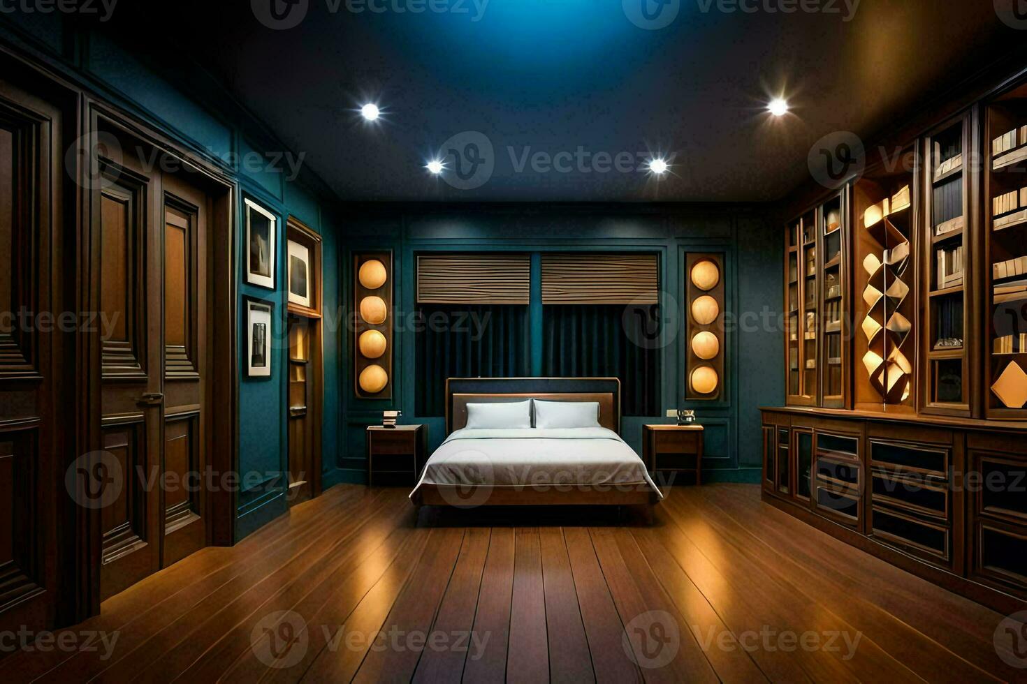 a bedroom with wooden floors and blue walls. AI-Generated photo