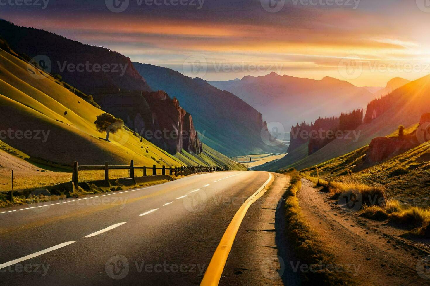 the sun is setting over a road in the mountains. AI-Generated photo