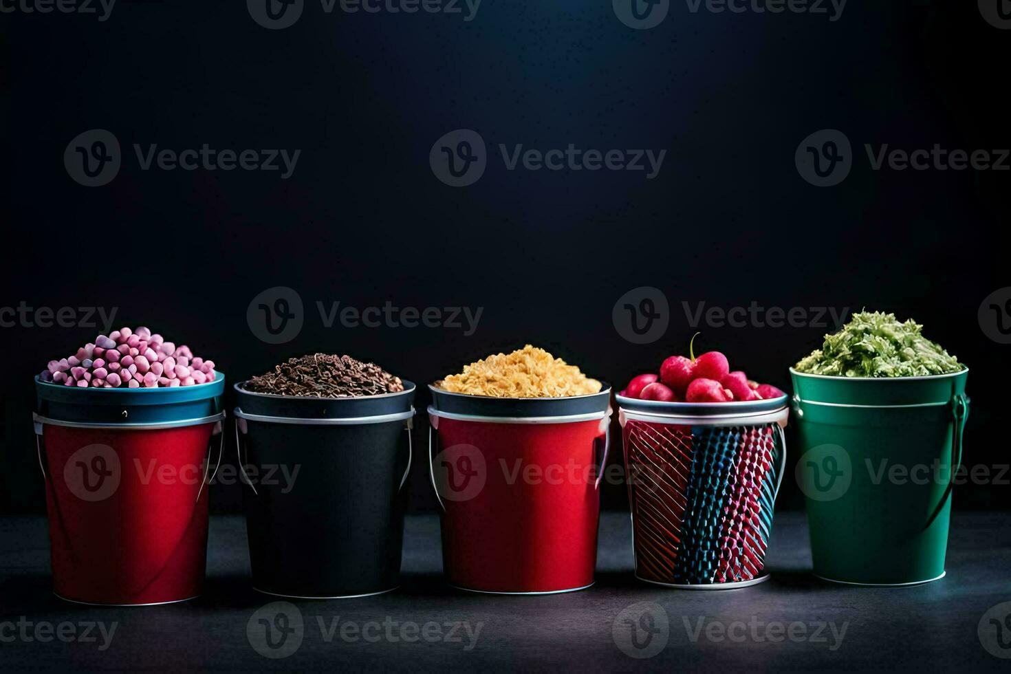 a row of colorful buckets with different types of food. AI-Generated photo