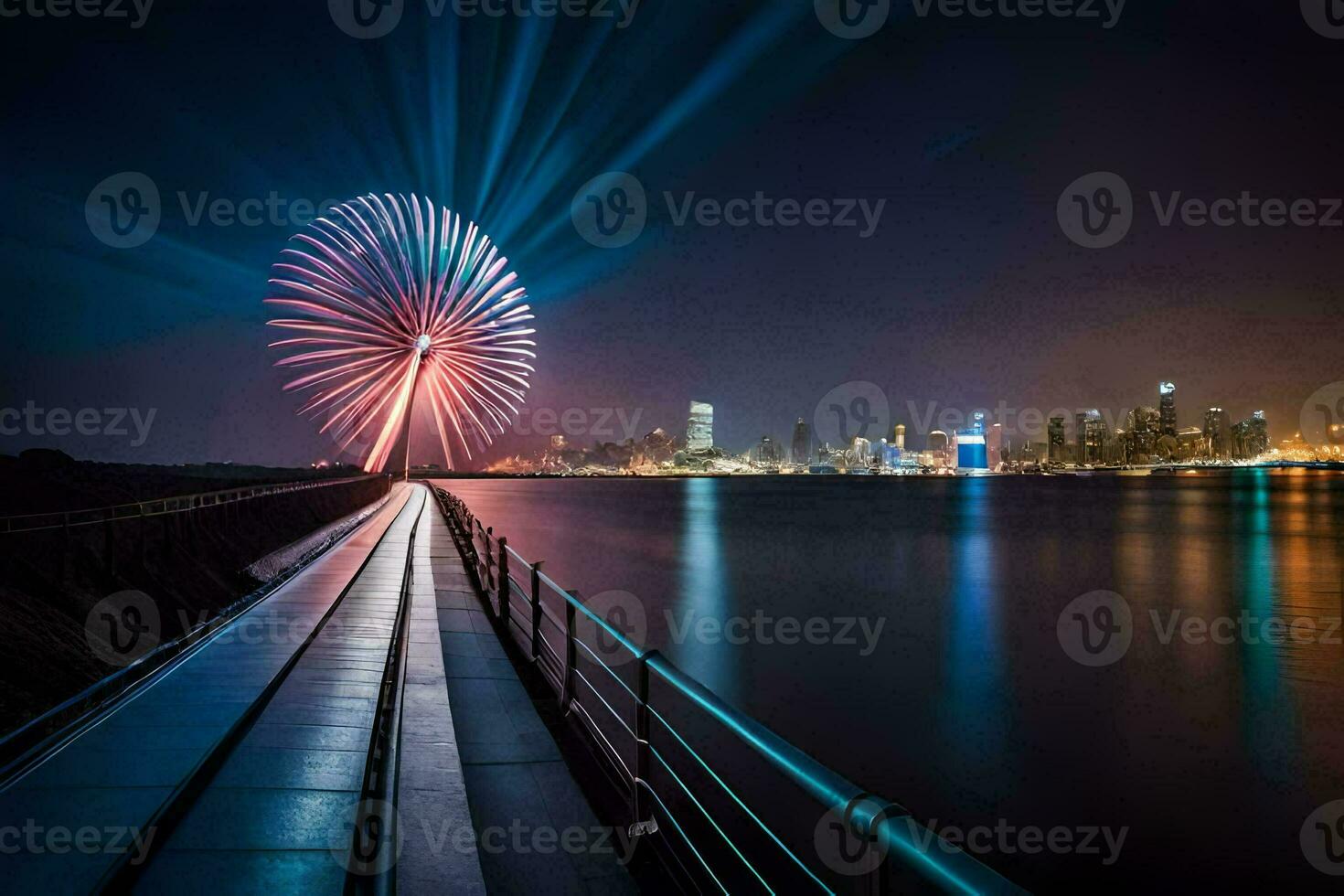 fireworks over the city skyline at night. AI-Generated photo