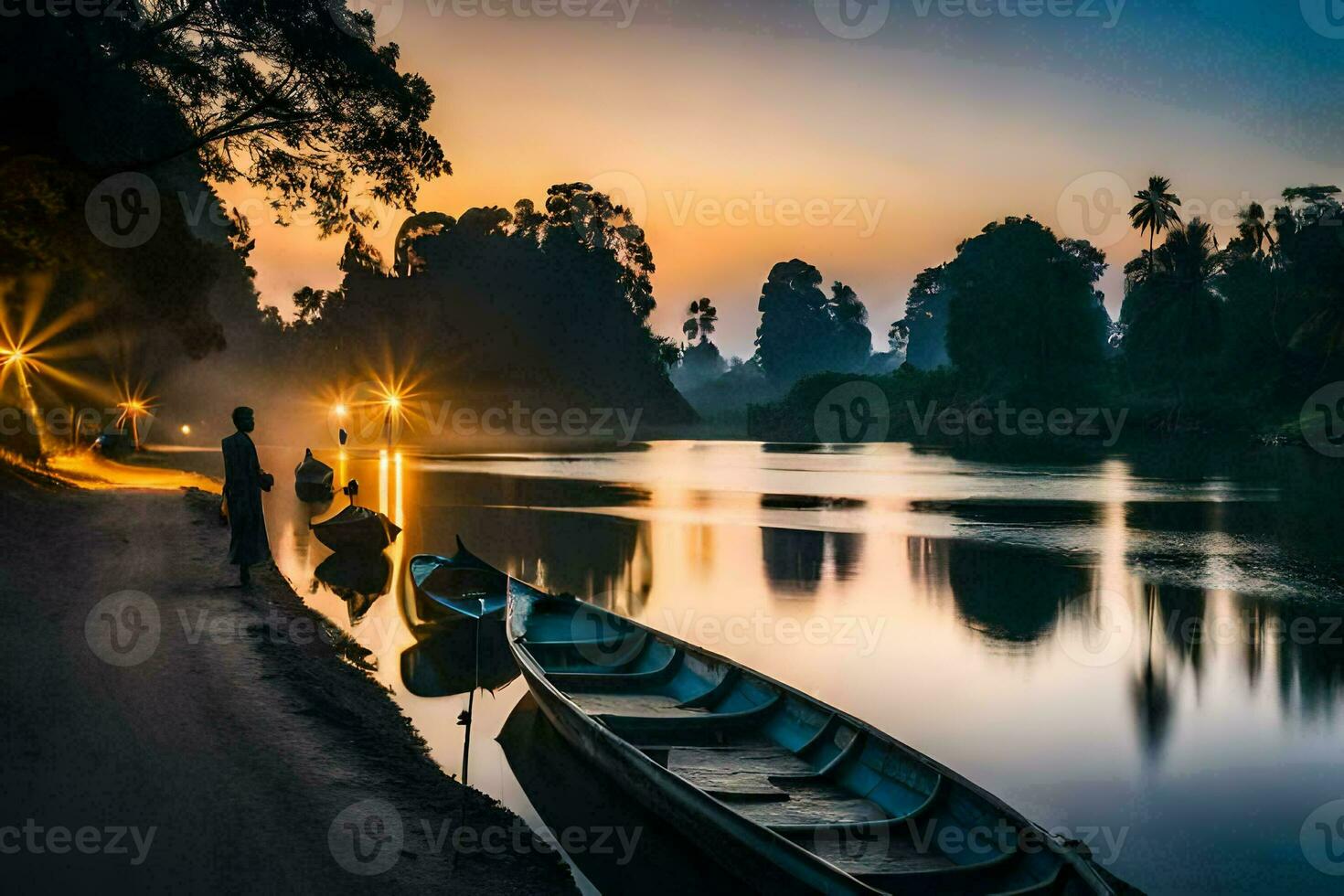 two boats sit on the shore of a river at sunset. AI-Generated photo