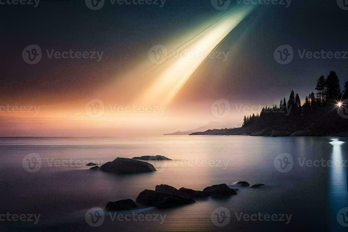 a long exposure photograph of a bright light shining over the water. AI-Generated photo