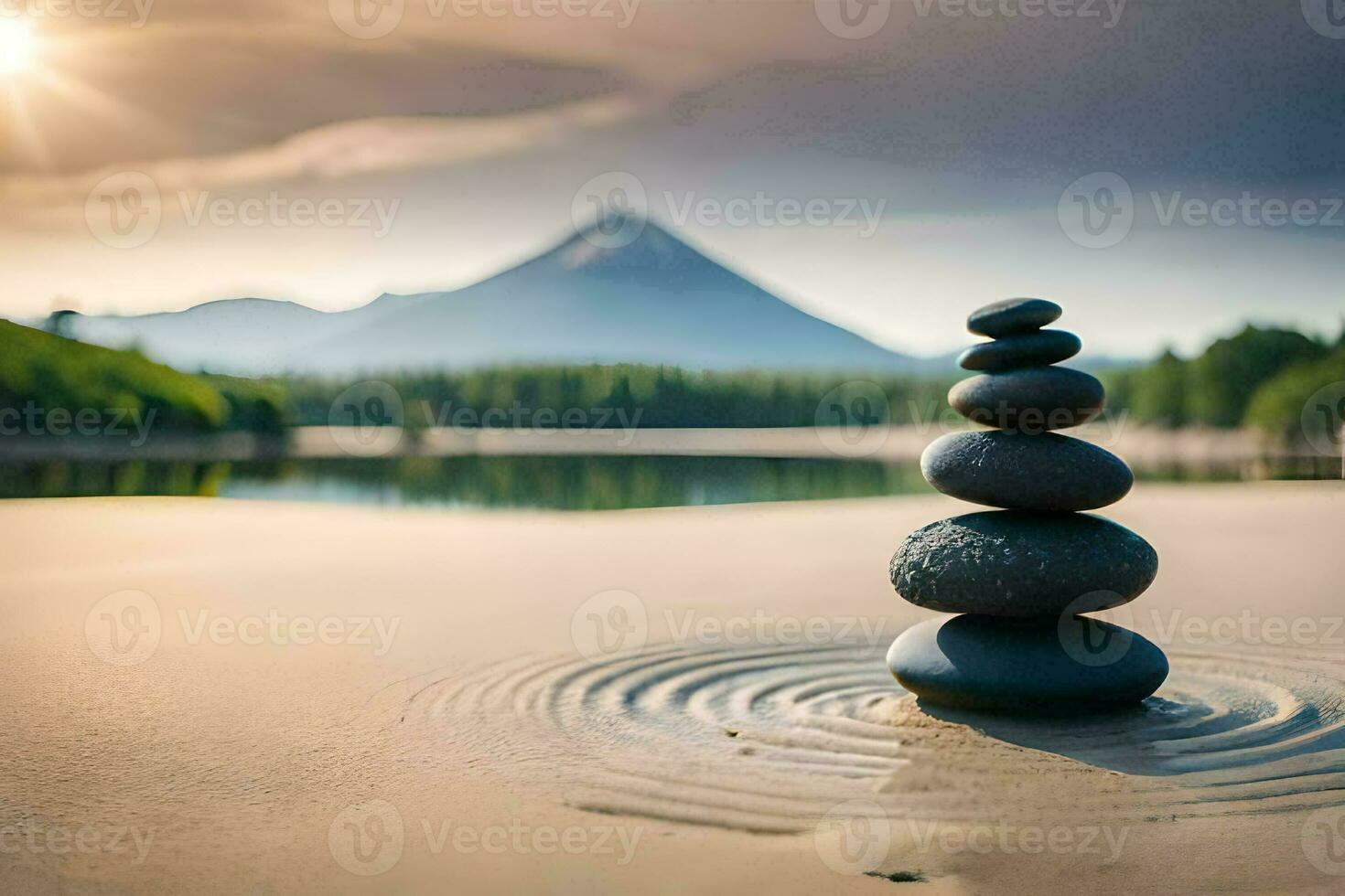 a stack of rocks on the beach with a mountain in the background. AI-Generated photo