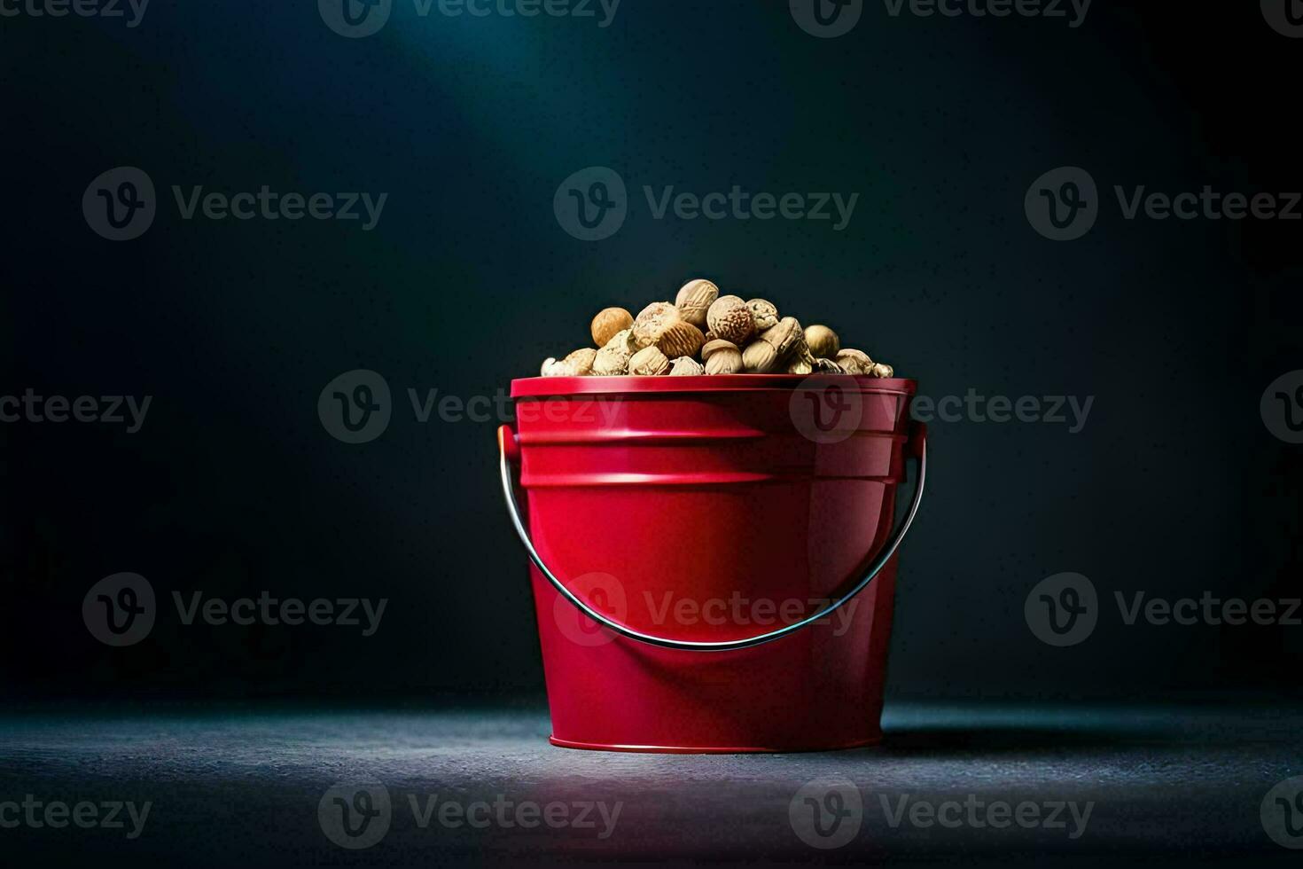 a red bucket filled with peanuts on a dark background. AI-Generated photo