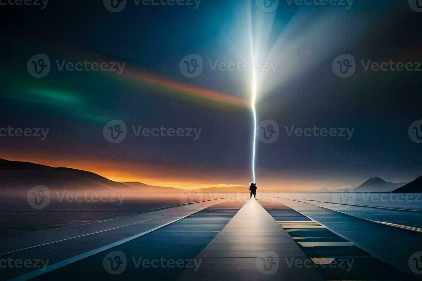 a man standing on a bridge with a light coming out of the sky. AI-Generated photo