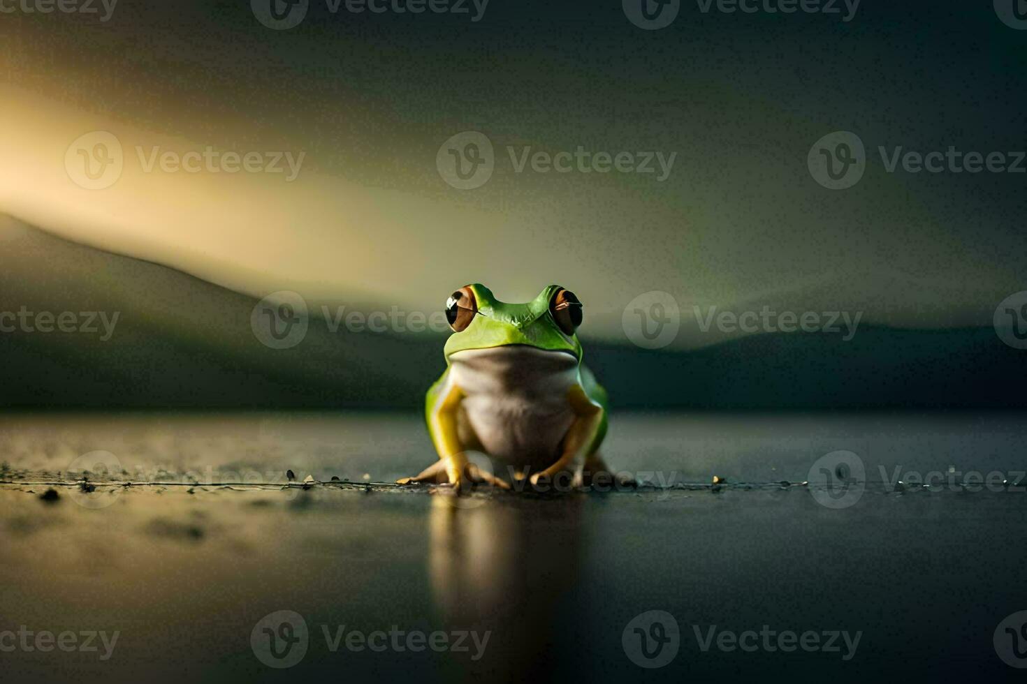 a frog sitting on the ground in front of a lake. AI-Generated photo