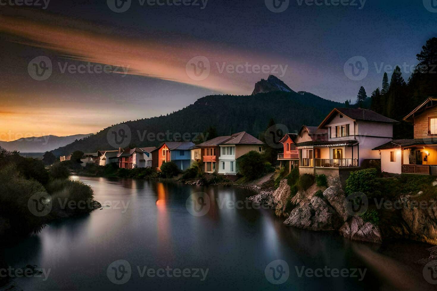 a river runs through a town at sunset. AI-Generated photo