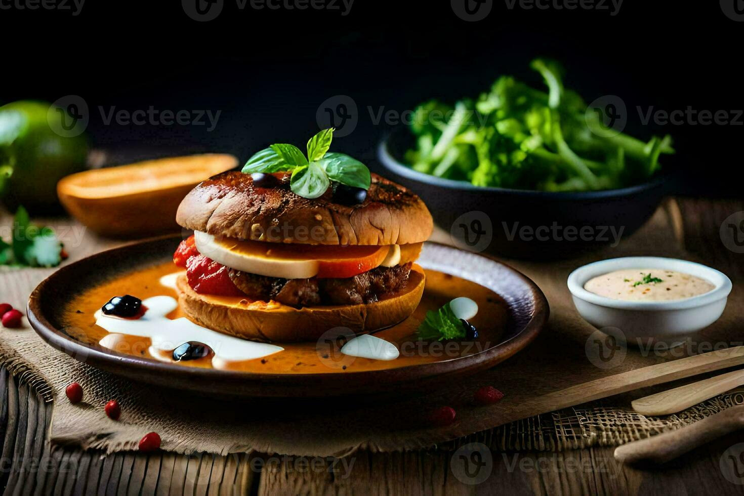 a burger with cheese, tomatoes and lettuce on a plate. AI-Generated photo