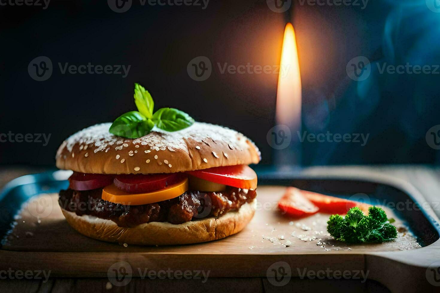 a hamburger with tomatoes and cheese on a wooden tray. AI-Generated photo