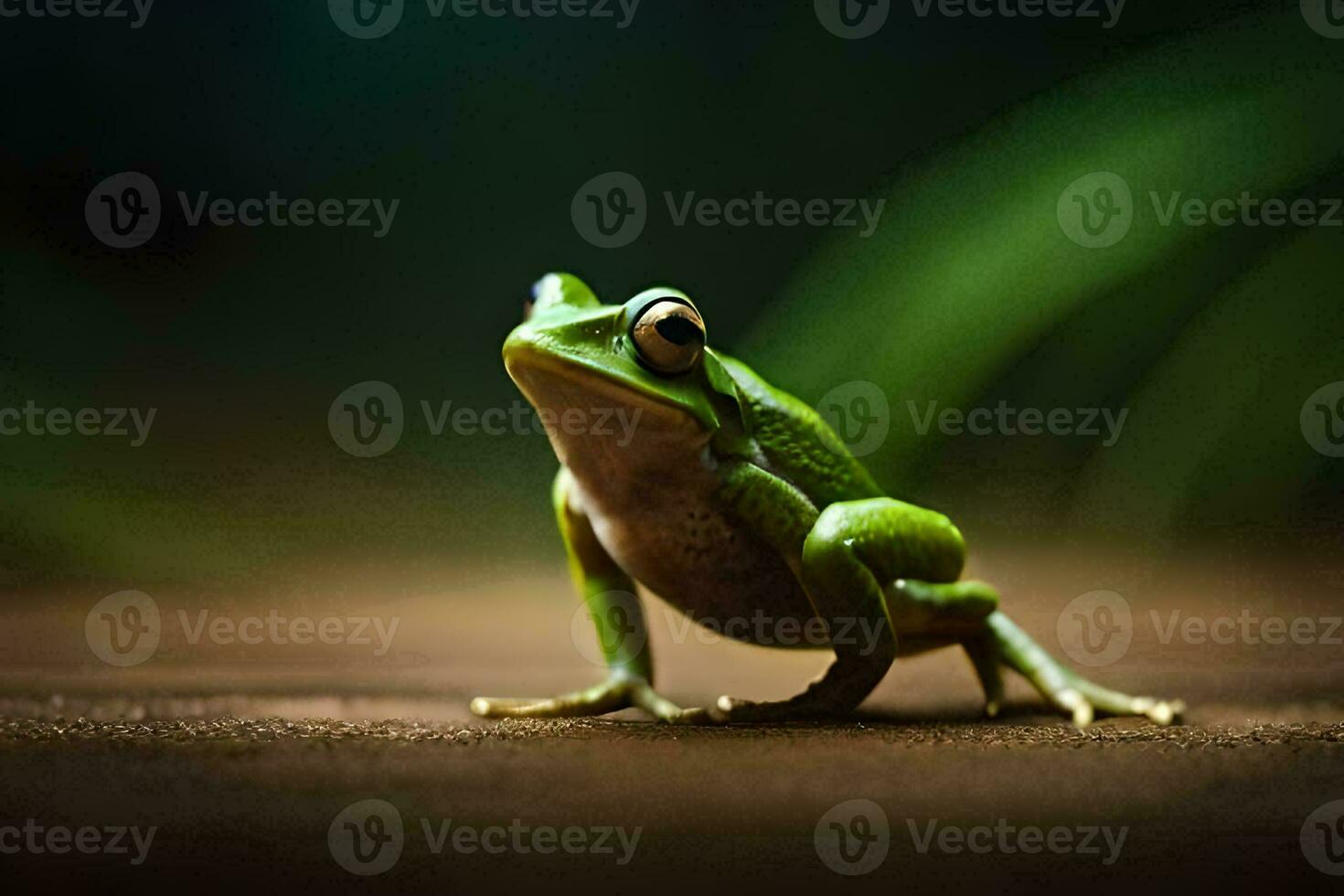 a frog is standing on a wooden floor. AI-Generated photo
