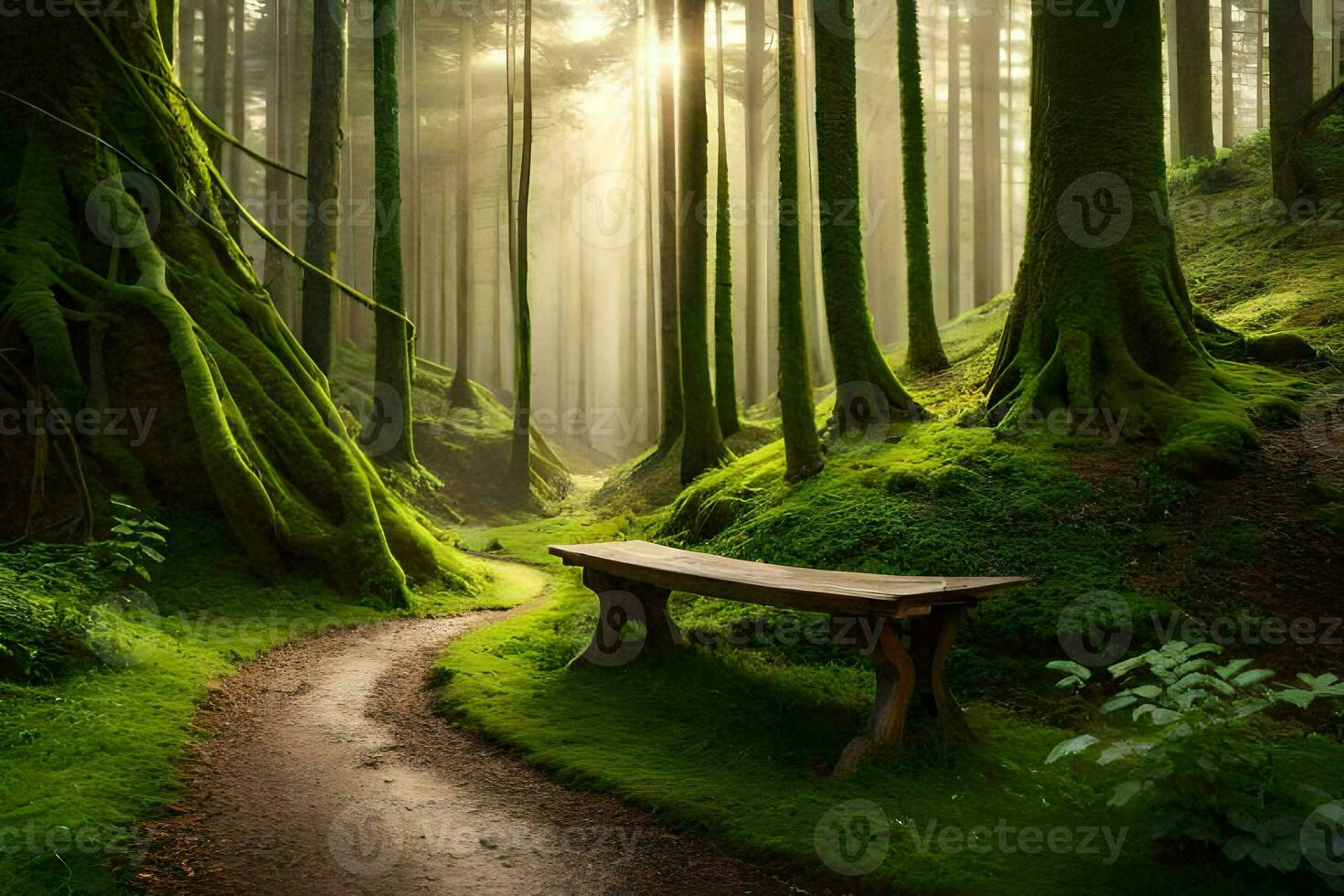 a bench sits in the middle of a green forest. AI-Generated photo