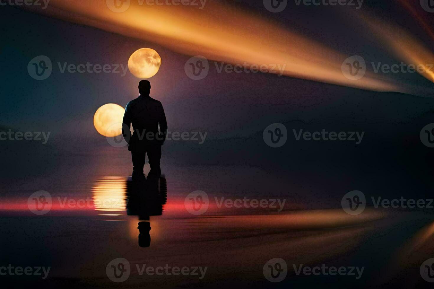 un hombre en pie en el agua con dos lleno lunas en el antecedentes. generado por ai foto