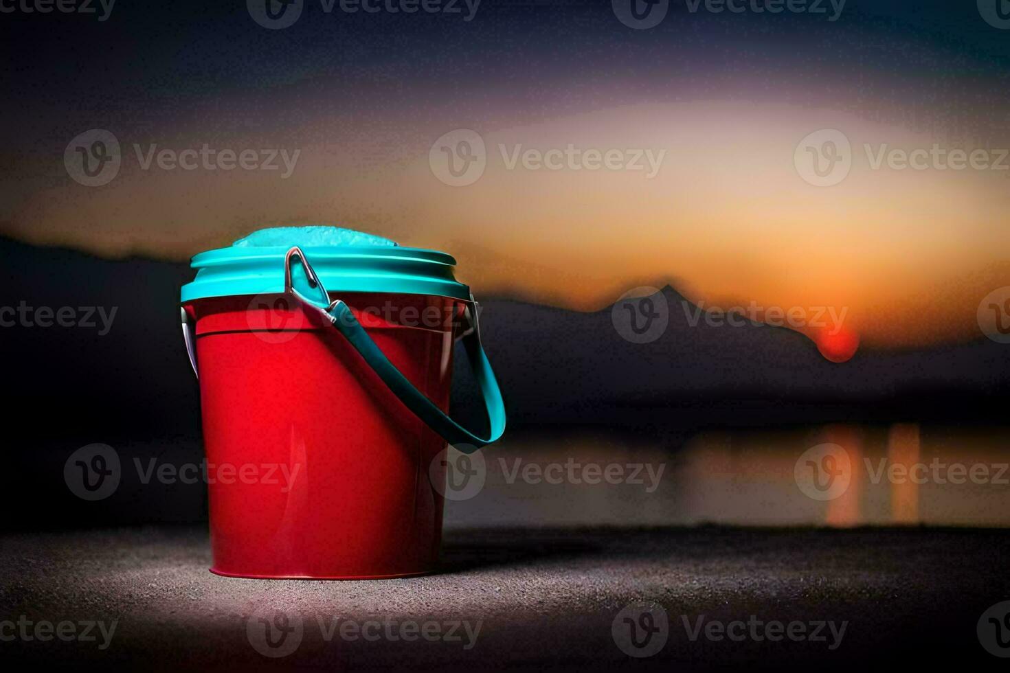 a red bucket sitting on the ground at sunset. AI-Generated photo