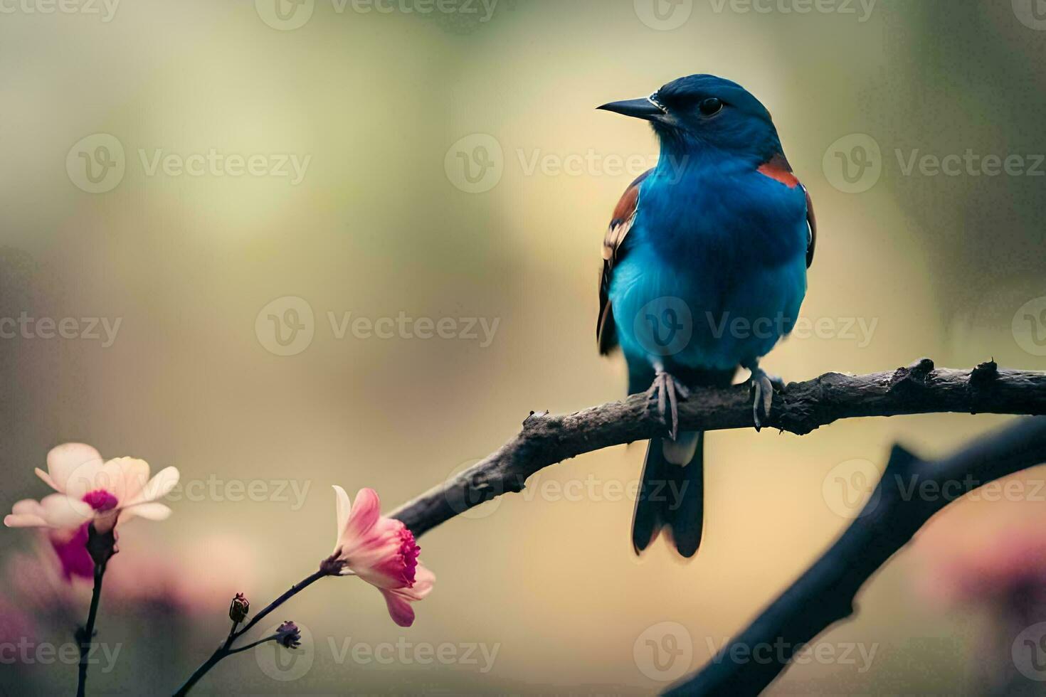 a blue bird sits on a branch with pink flowers. AI-Generated photo