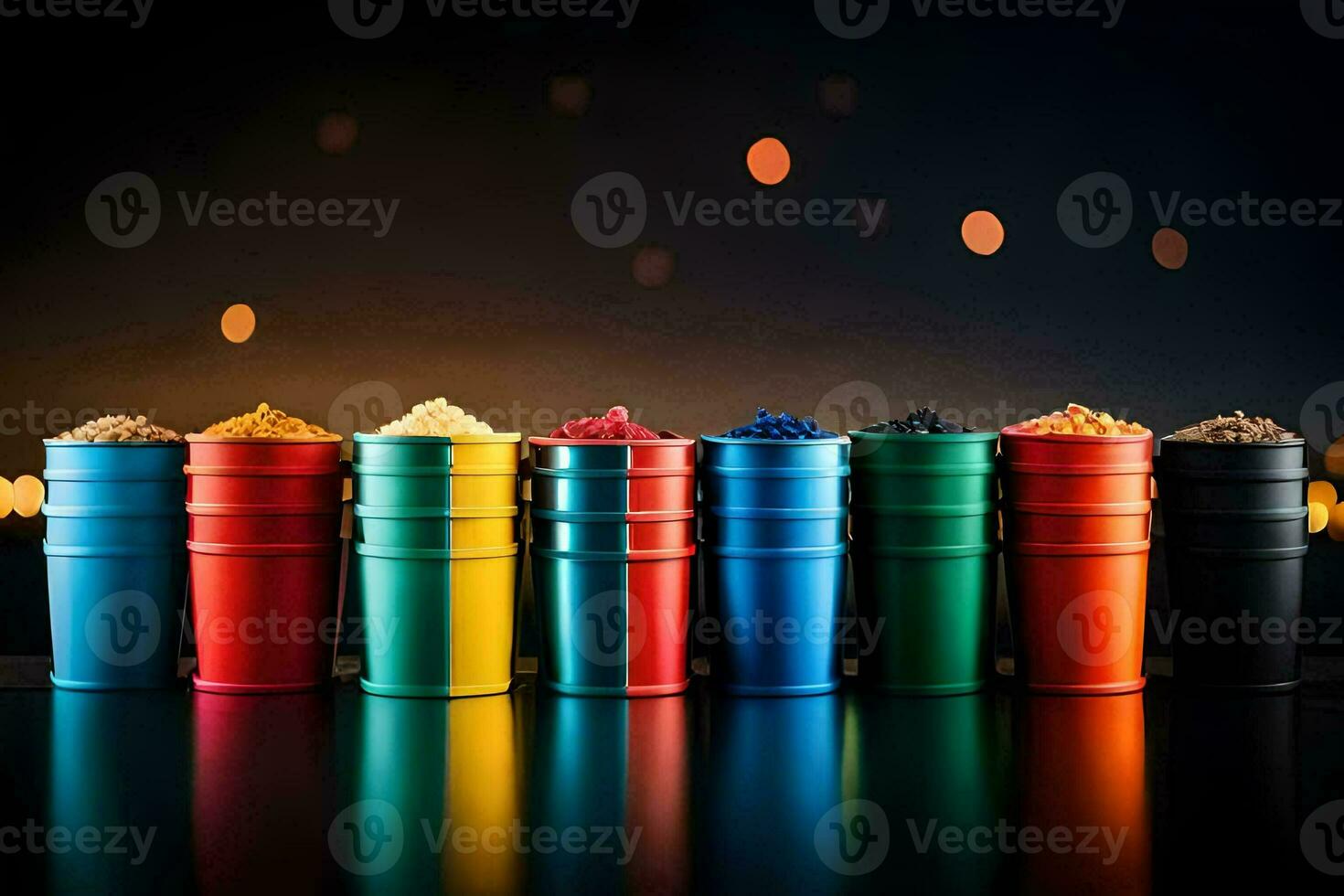 colorful plastic cups with different colored powders. AI-Generated photo