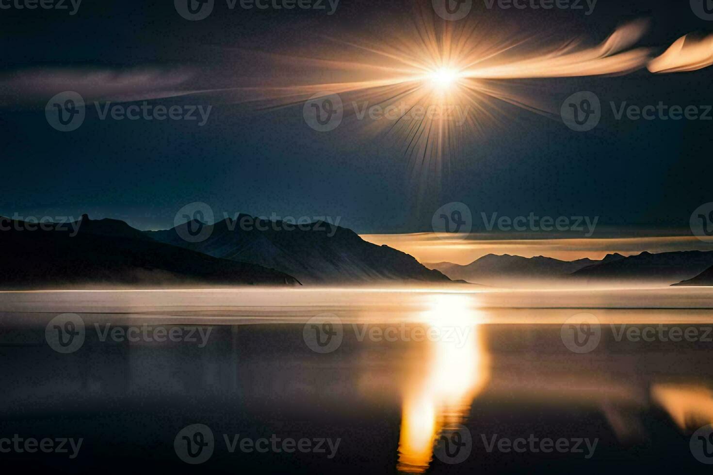 the moon shines brightly over a lake and mountains. AI-Generated photo