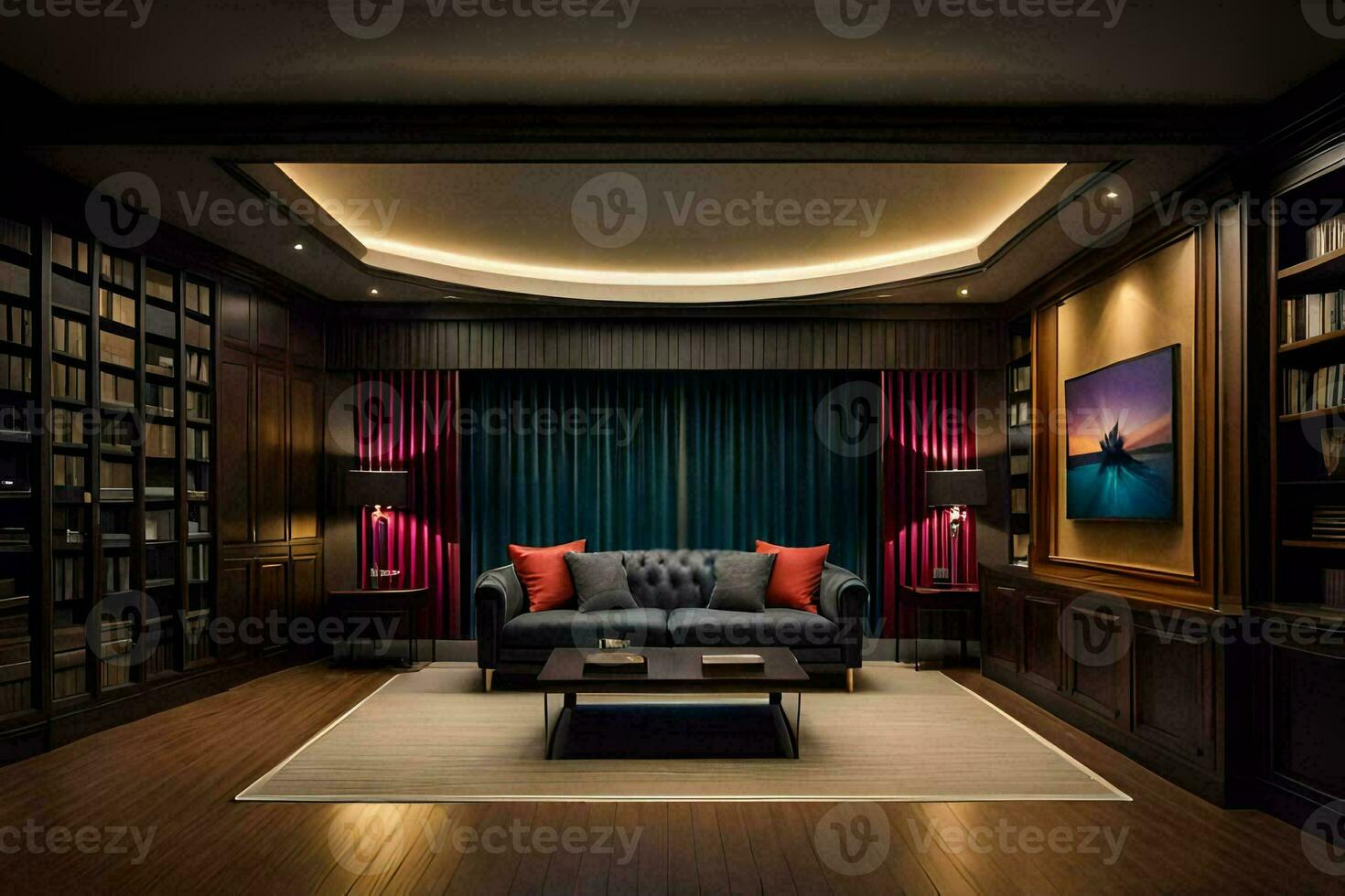 a living room with a couch, bookshelf and a television. AI-Generated photo