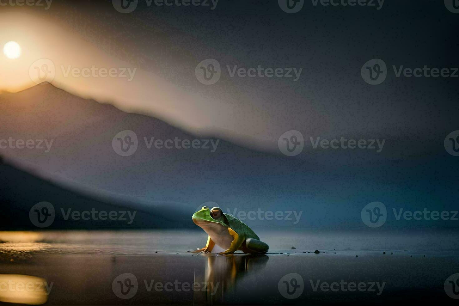 a frog sits on the shore of a lake at sunset. AI-Generated photo