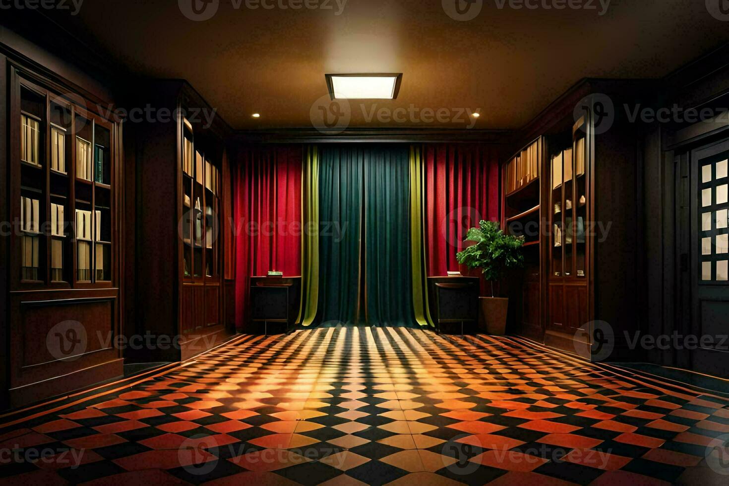 a hallway with a checkered floor and wooden cabinets. AI-Generated photo