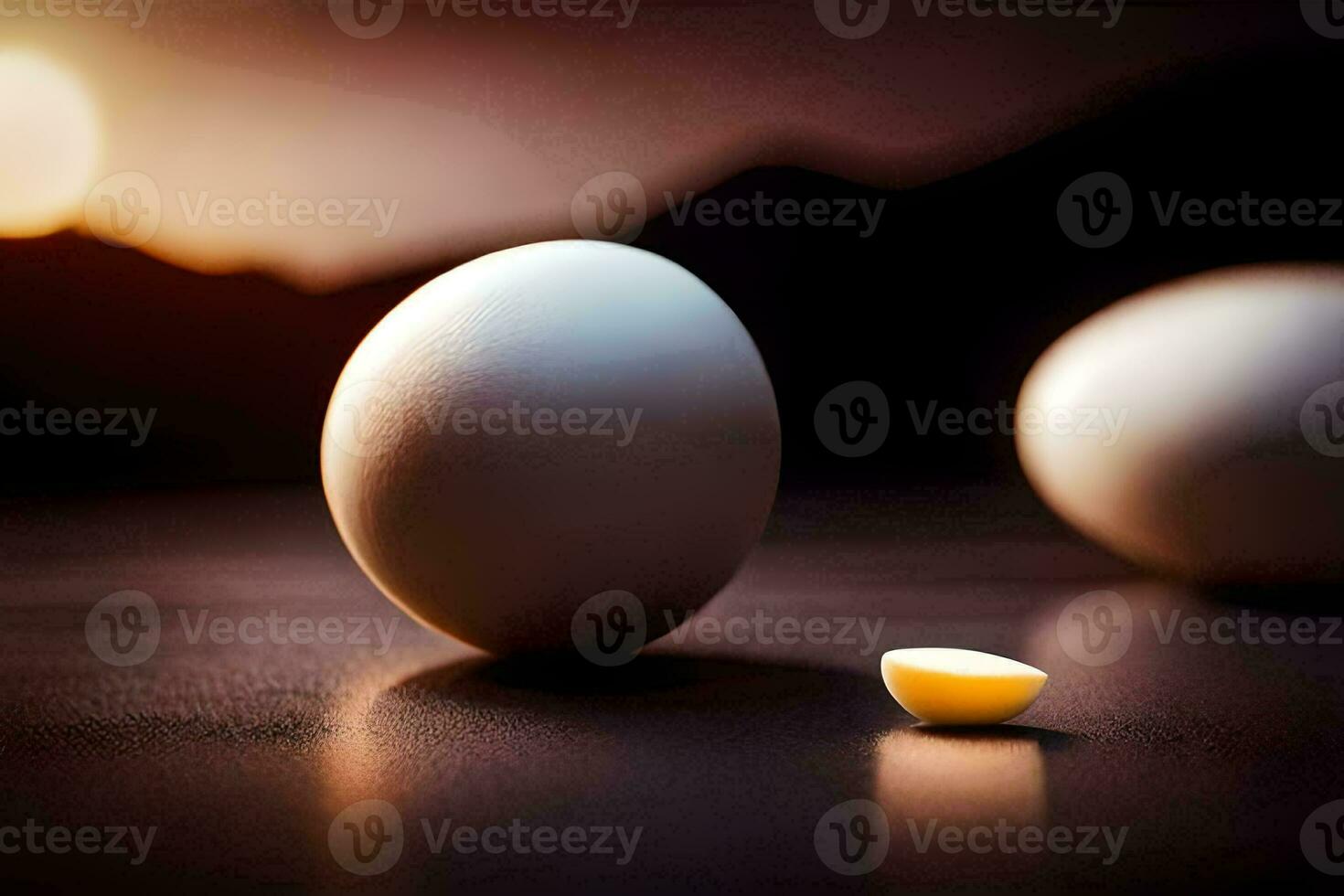 two eggs are sitting on a table with a small egg in the middle. AI-Generated photo