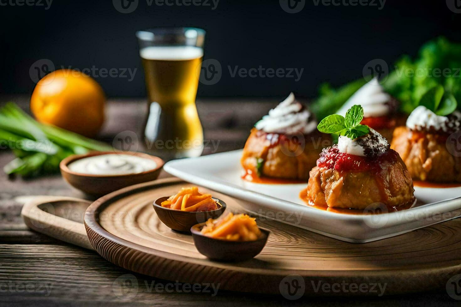 small appetizers on a plate with a beer. AI-Generated photo