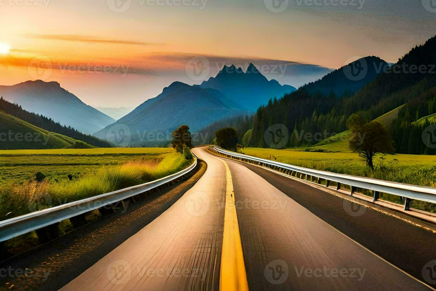 a road in the mountains with a sunset. AI-Generated photo