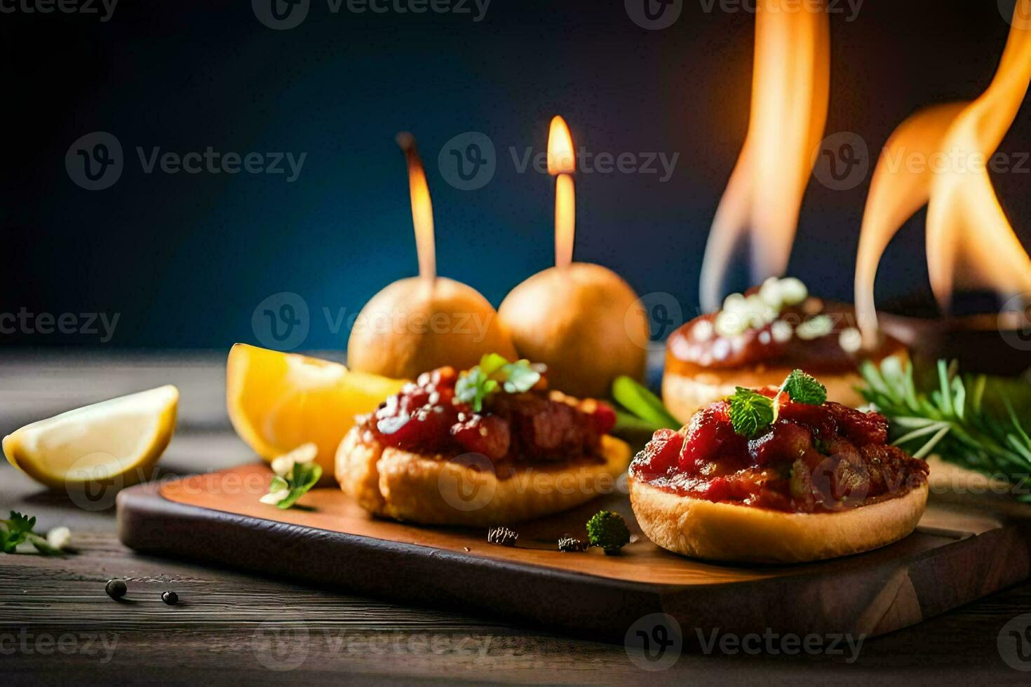 small sandwiches with meat and herbs on a wooden board. AI-Generated photo