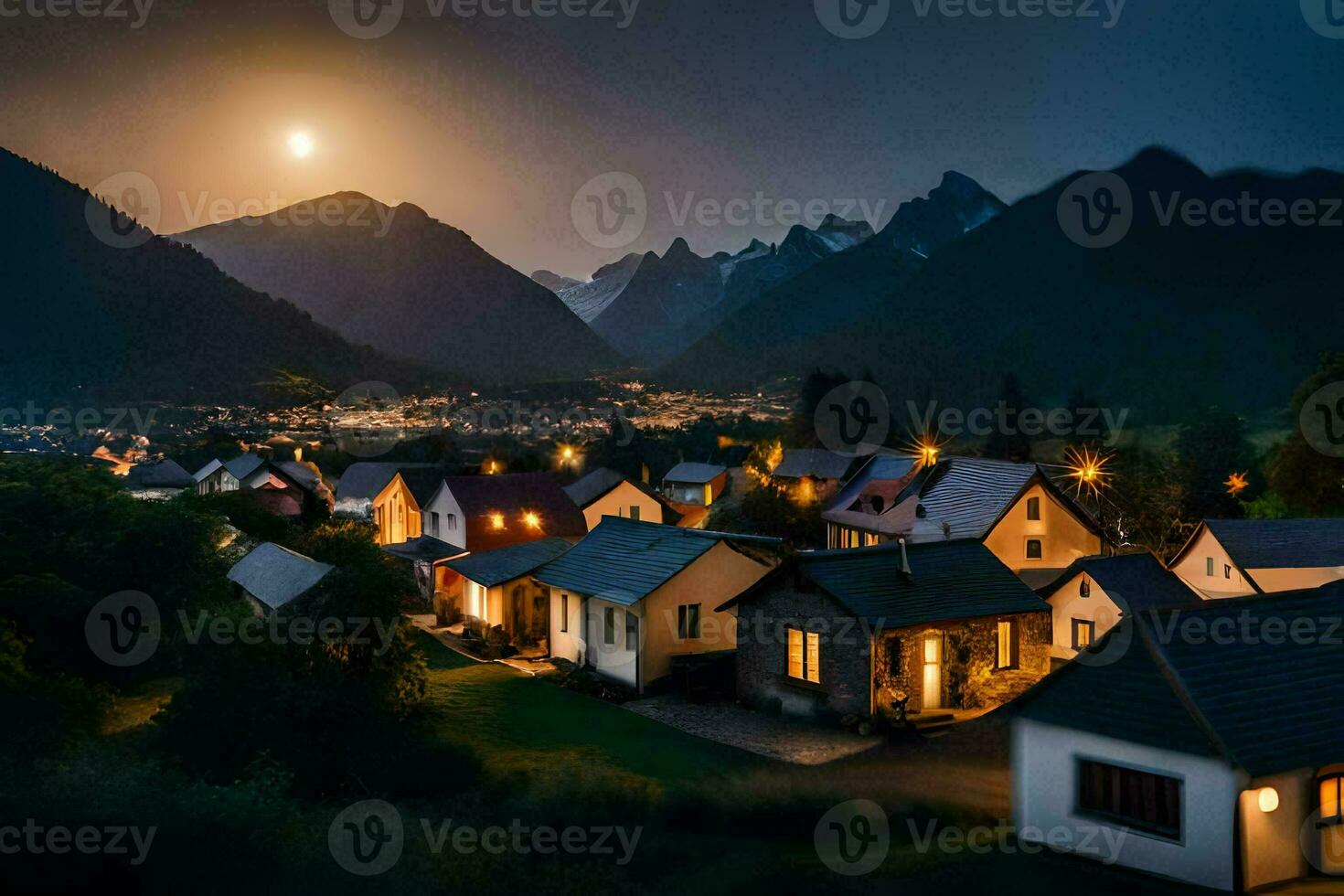 un pueblo a noche con un lleno Luna en el cielo. generado por ai foto