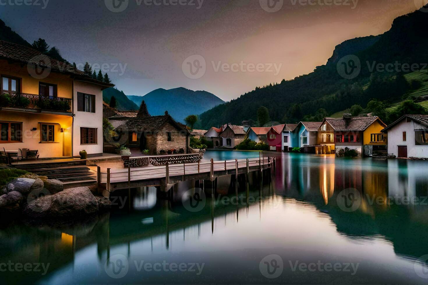 colorful houses on the lake at dusk. AI-Generated photo