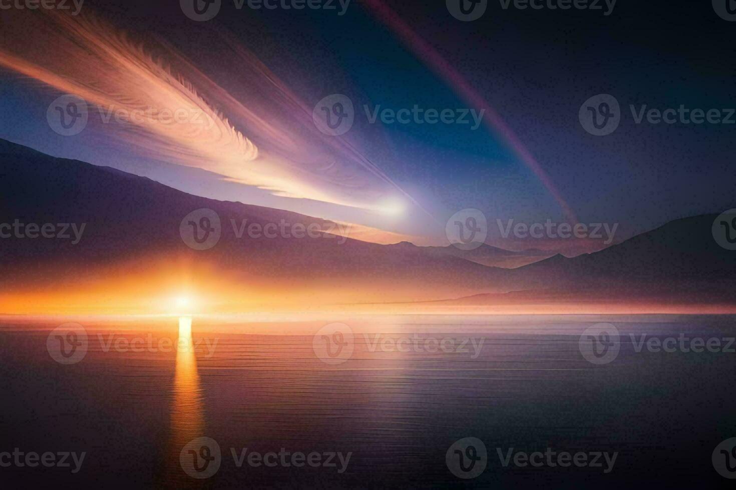 a beautiful sunset over the water with a mountain in the background. AI-Generated photo