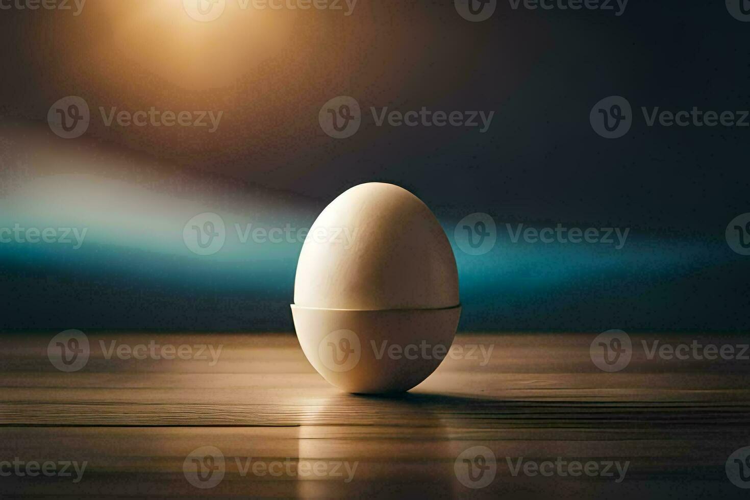 an egg on a wooden table with a bright light behind it. AI-Generated photo