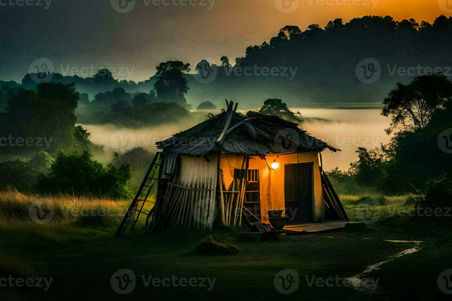 the hut in the mist. AI-Generated photo