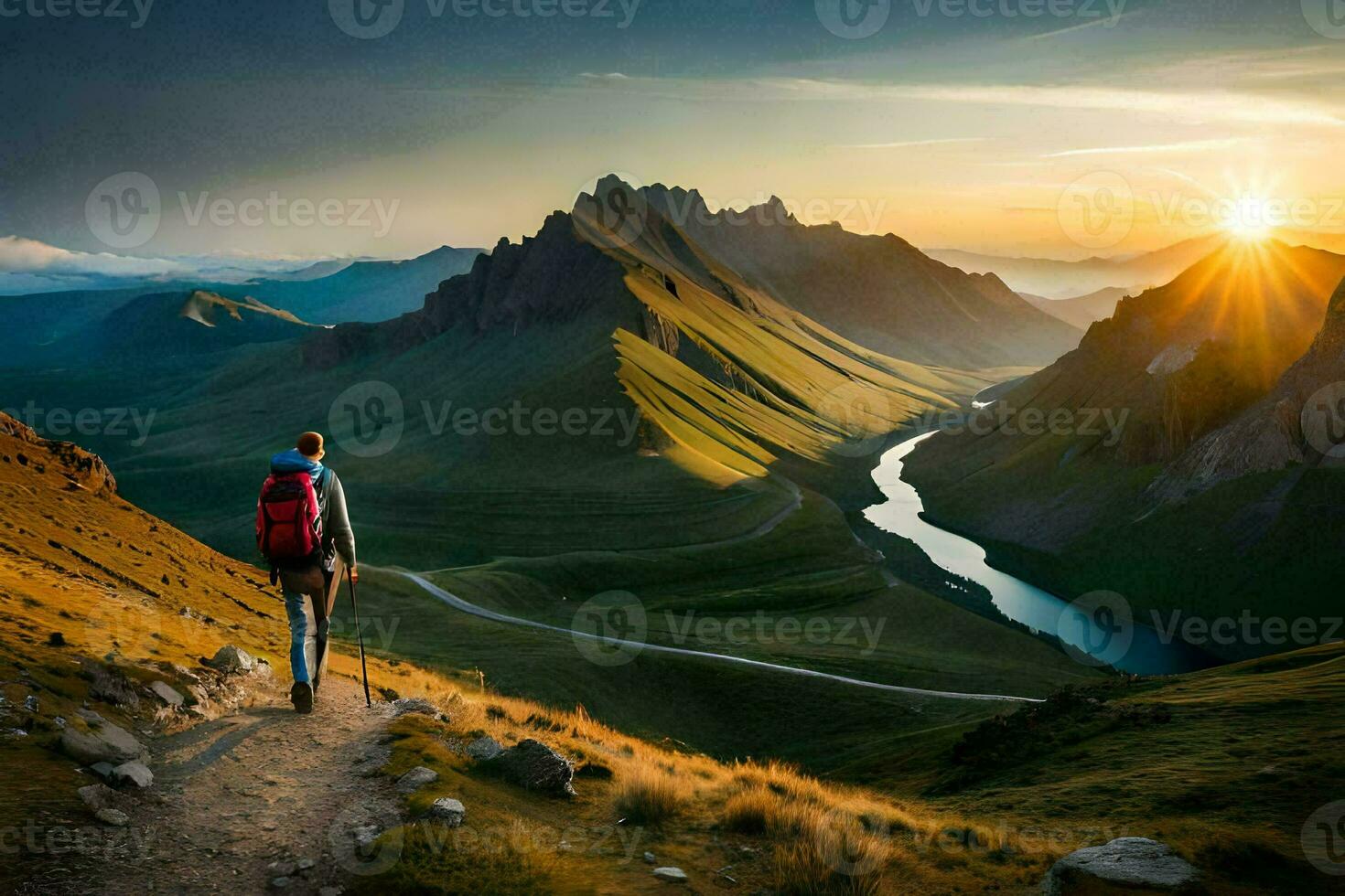the man is walking on the path in the mountains. AI-Generated photo