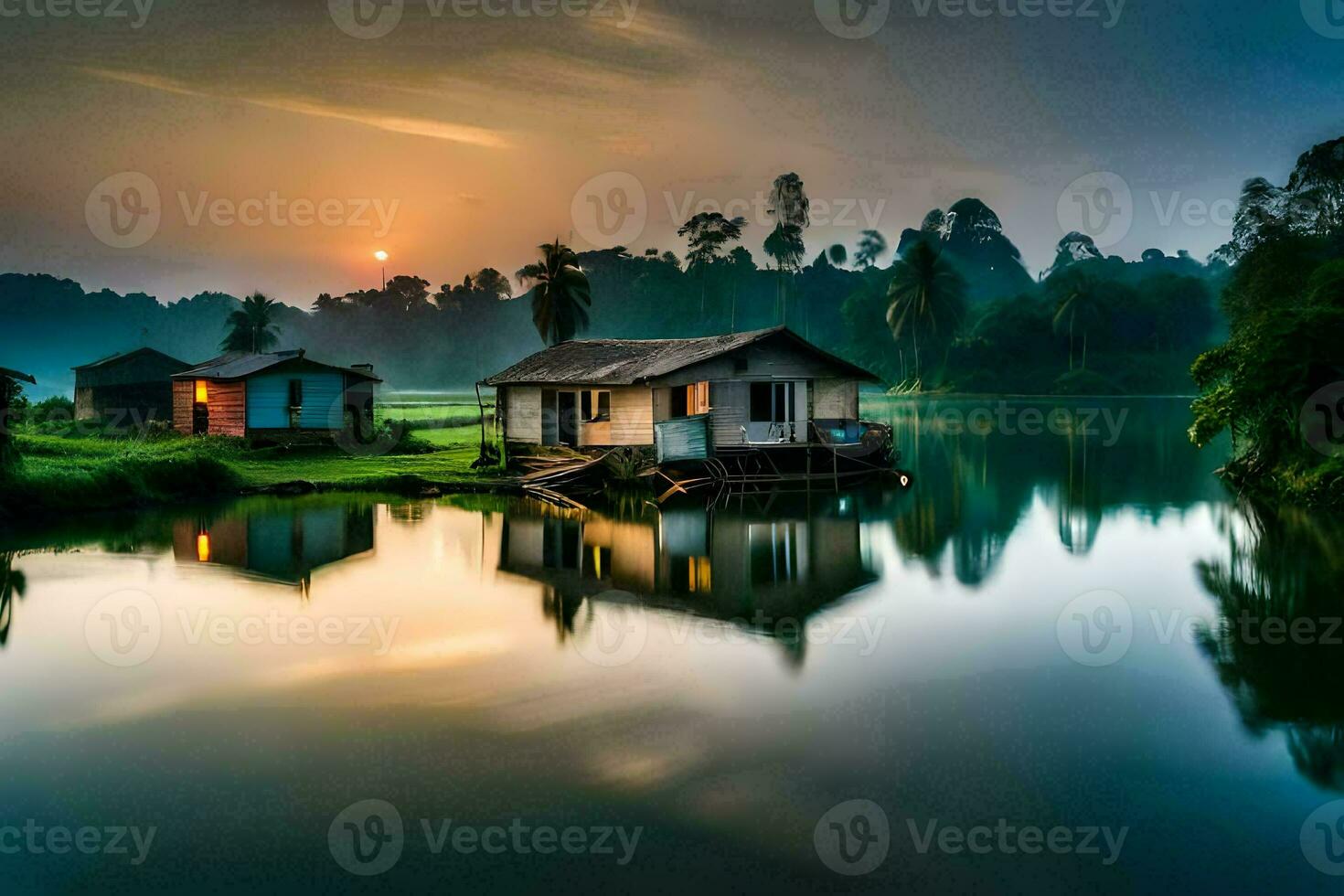 a house sits on the edge of a lake at sunset. AI-Generated photo