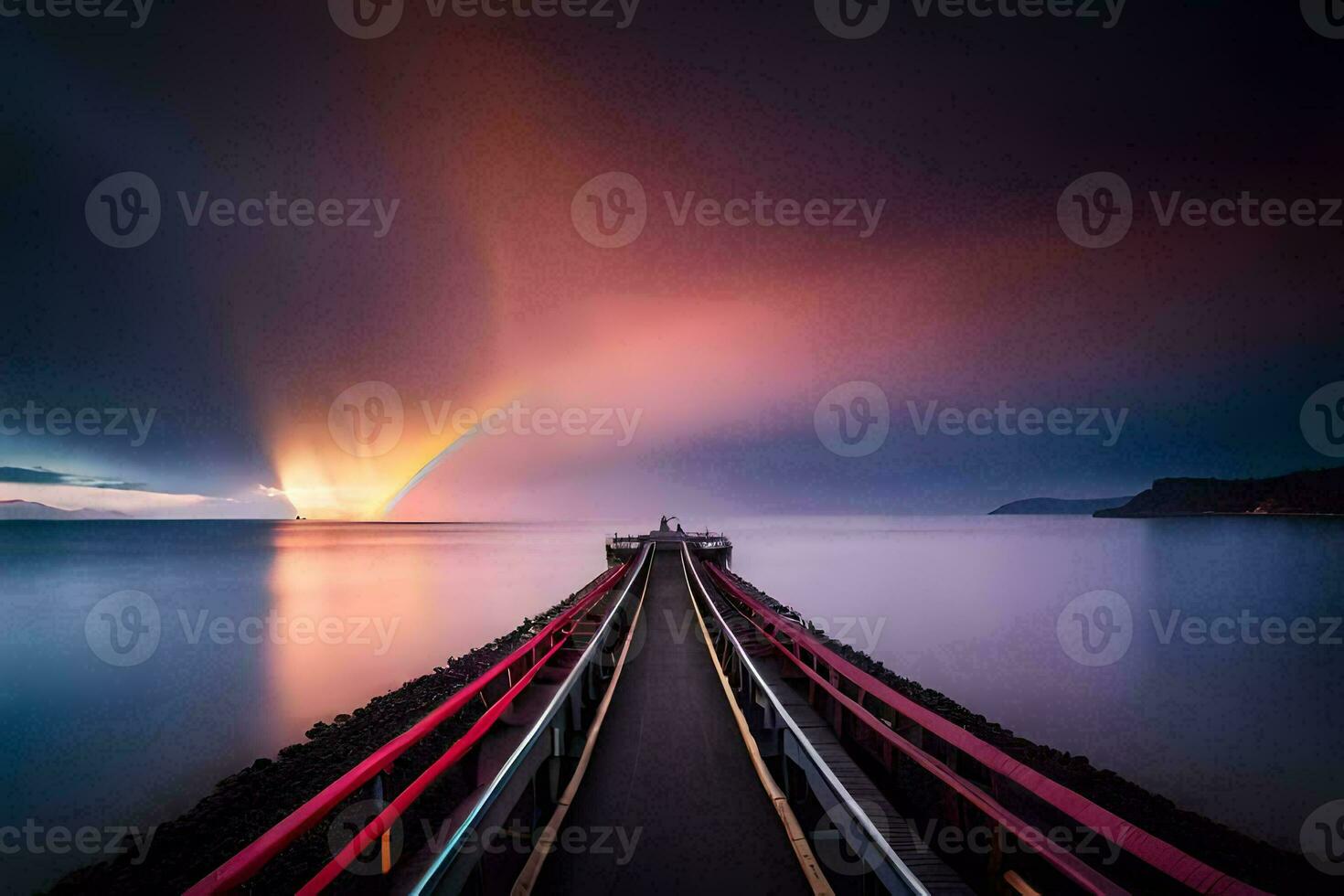a rainbow over the ocean at night. AI-Generated photo