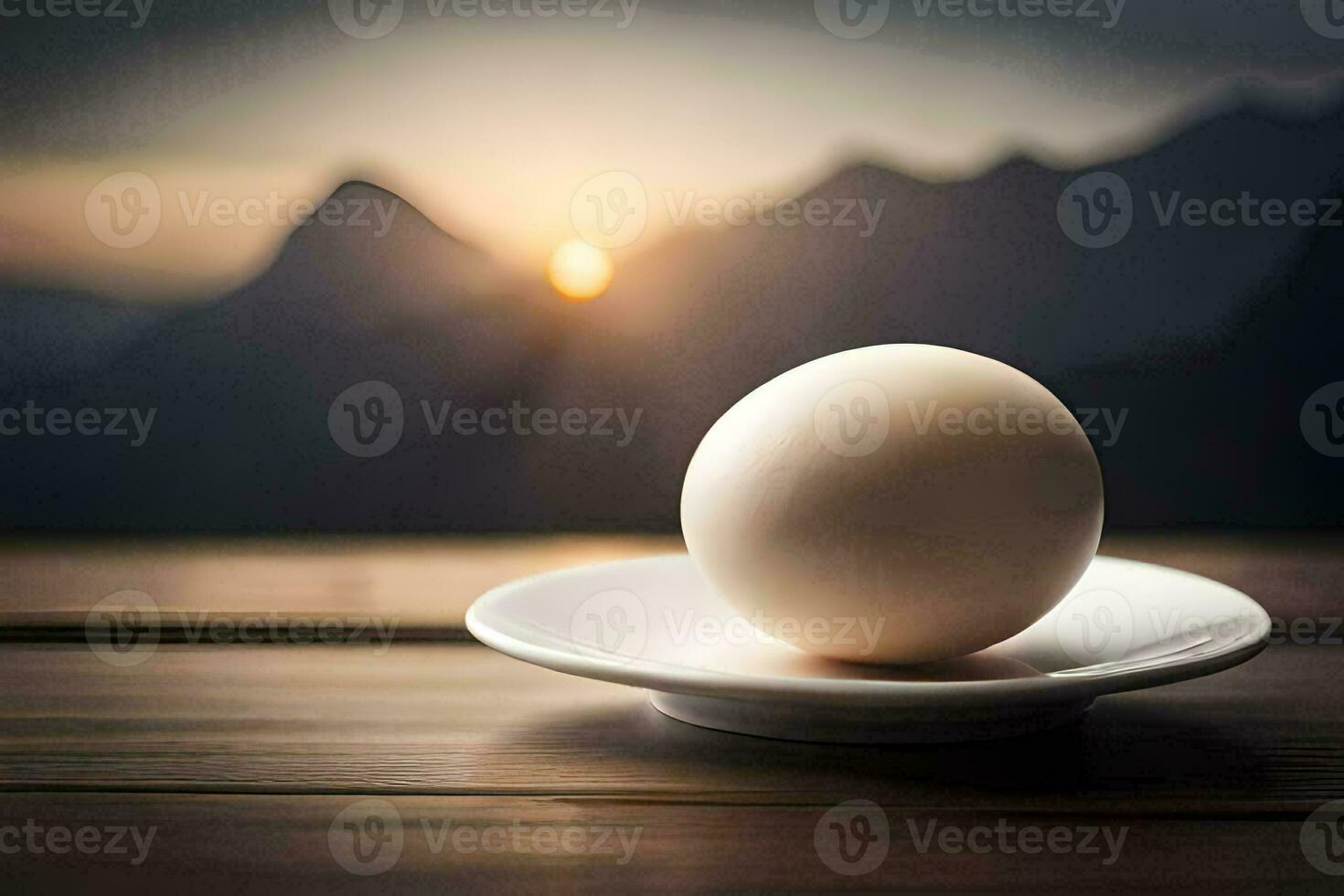 egg on a plate with mountains in the background. AI-Generated photo
