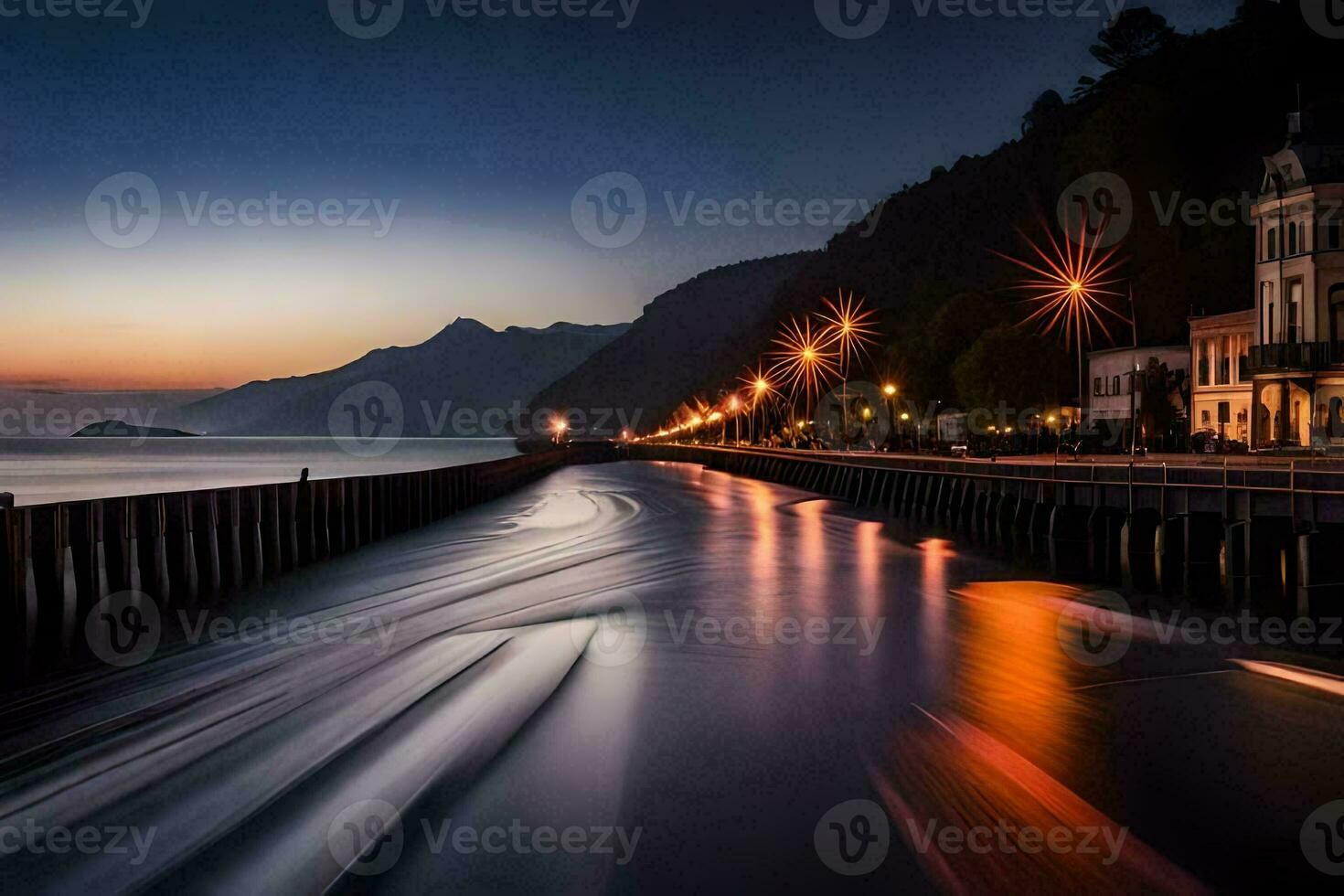 a long exposure photograph of a pier at night. AI-Generated photo
